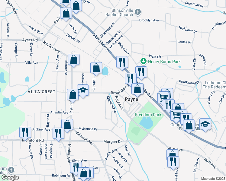 map of restaurants, bars, coffee shops, grocery stores, and more near 3516 Brookdale Avenue in Macon