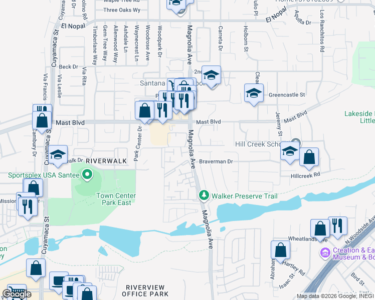 map of restaurants, bars, coffee shops, grocery stores, and more near 10388 Seth Way in Santee