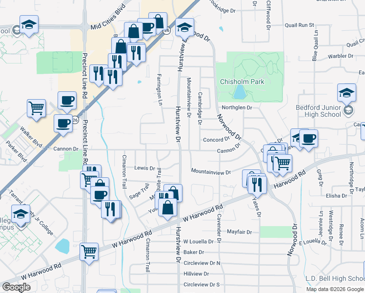 map of restaurants, bars, coffee shops, grocery stores, and more near 2100 Hurstview Drive in Hurst
