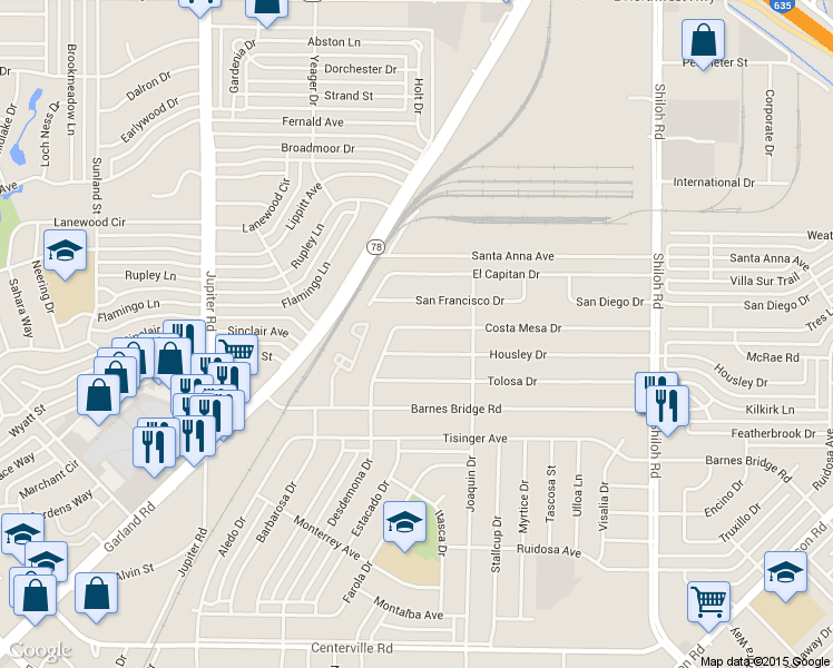 map of restaurants, bars, coffee shops, grocery stores, and more near 2020 Costa Mesa Drive in Dallas