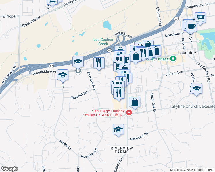 map of restaurants, bars, coffee shops, grocery stores, and more near 9655 Mountainview Heights in Lakeside