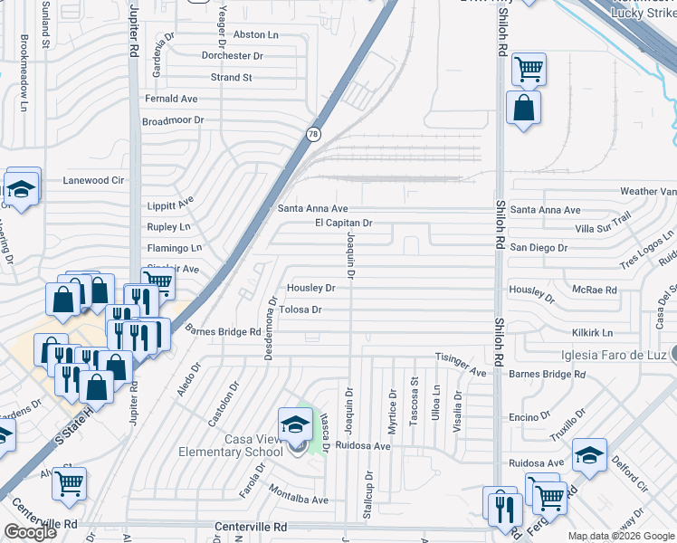 map of restaurants, bars, coffee shops, grocery stores, and more near 2214 Costa Mesa Drive in Dallas
