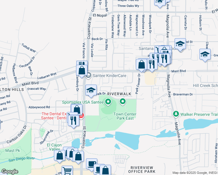 map of restaurants, bars, coffee shops, grocery stores, and more near 9965 Watergum Trail in Santee