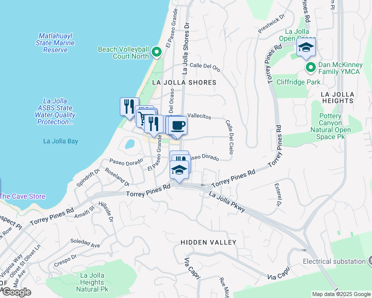 map of restaurants, bars, coffee shops, grocery stores, and more near 8031 La Jolla Shores Drive in San Diego