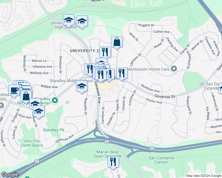 map of restaurants, bars, coffee shops, grocery stores, and more near 6216 Agee Street in San Diego