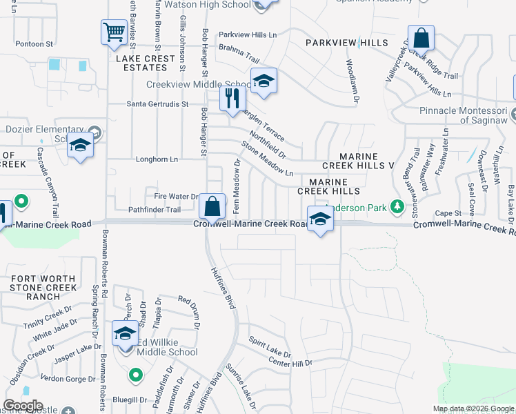 map of restaurants, bars, coffee shops, grocery stores, and more near 6317 Woodcreek Trail in Fort Worth