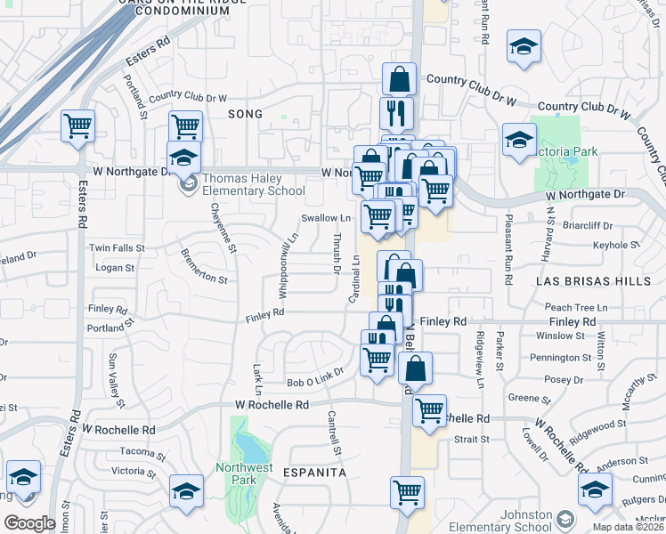 map of restaurants, bars, coffee shops, grocery stores, and more near 3601 Flamingo Lane in Irving