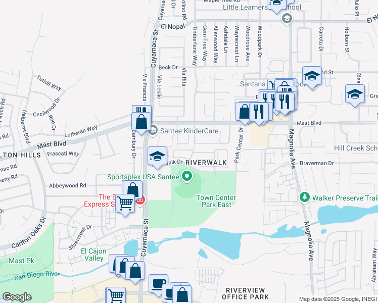 map of restaurants, bars, coffee shops, grocery stores, and more near 9967 Watergum Trail in Santee