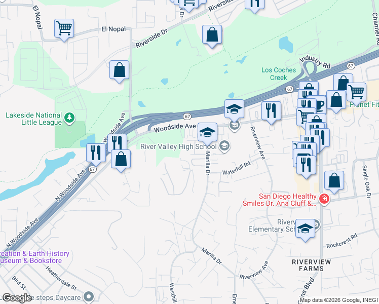 map of restaurants, bars, coffee shops, grocery stores, and more near 9728 Marilla Drive in Lakeside