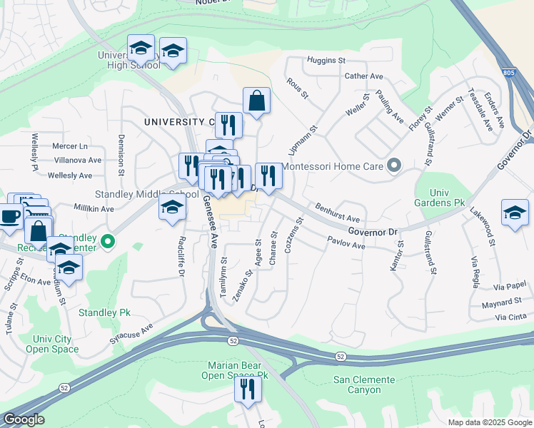 map of restaurants, bars, coffee shops, grocery stores, and more near 6194 Agee Street in San Diego