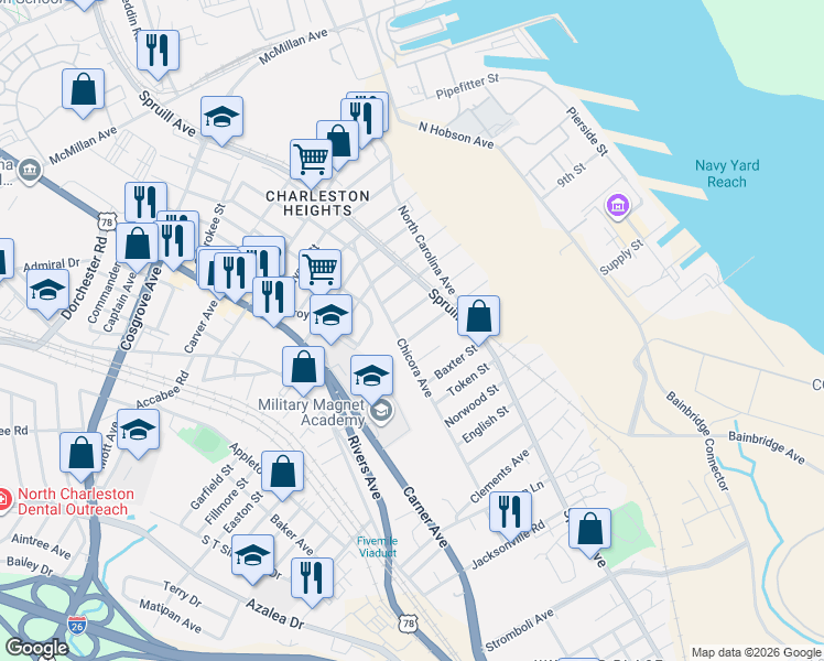 map of restaurants, bars, coffee shops, grocery stores, and more near 1919 Iris Street in North Charleston