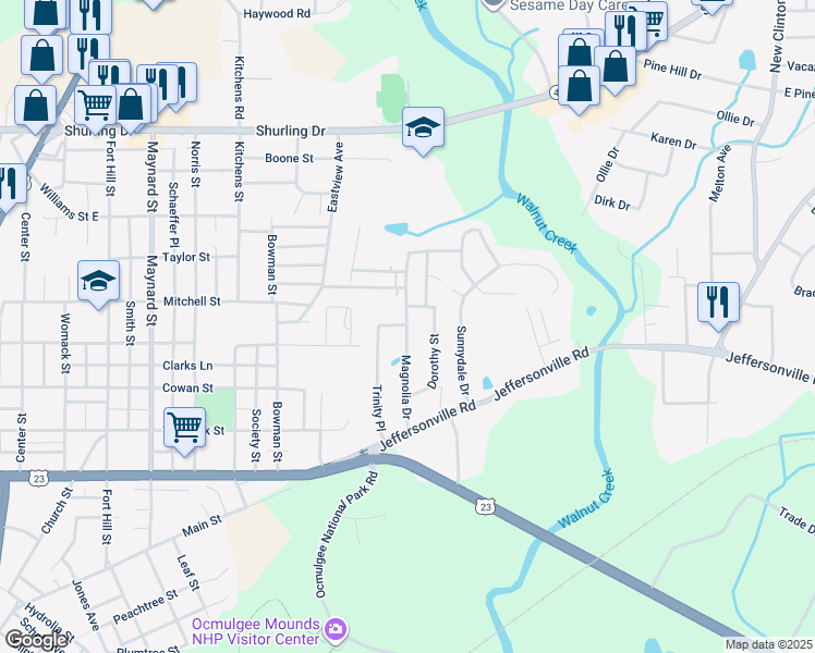 map of restaurants, bars, coffee shops, grocery stores, and more near 899 Trinity Place in Macon