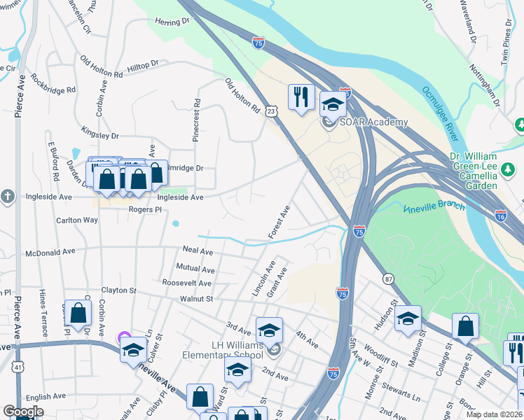 map of restaurants, bars, coffee shops, grocery stores, and more near 478 Monroe Hill in Macon