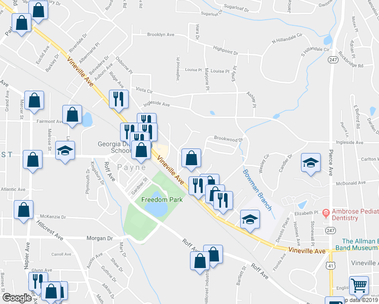 map of restaurants, bars, coffee shops, grocery stores, and more near 3161 Ridge Avenue in Macon