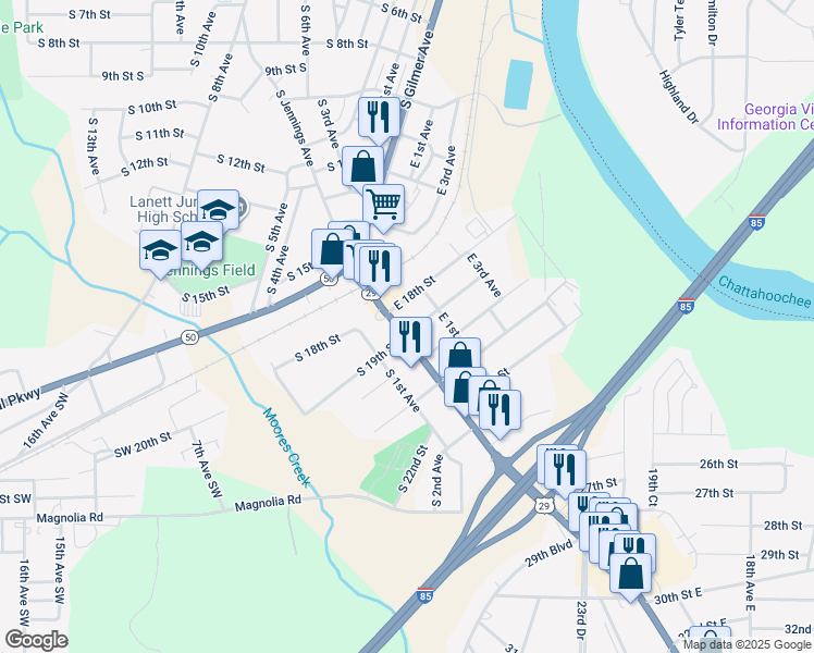 map of restaurants, bars, coffee shops, grocery stores, and more near 2-16 E 19th St in Lanett