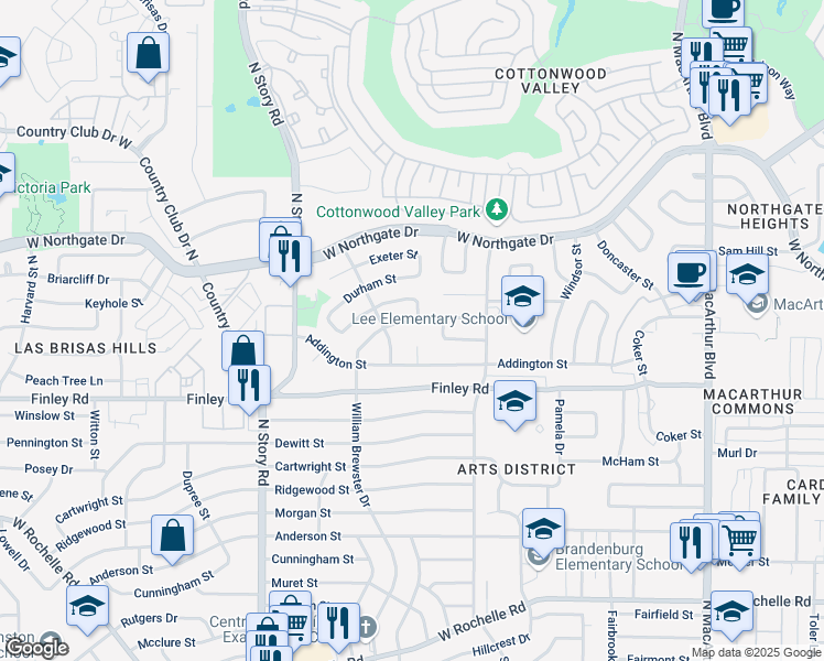map of restaurants, bars, coffee shops, grocery stores, and more near 3515 Allison Court in Irving