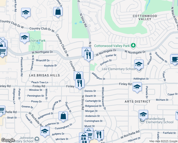 map of restaurants, bars, coffee shops, grocery stores, and more near 2219 Addington Street in Irving