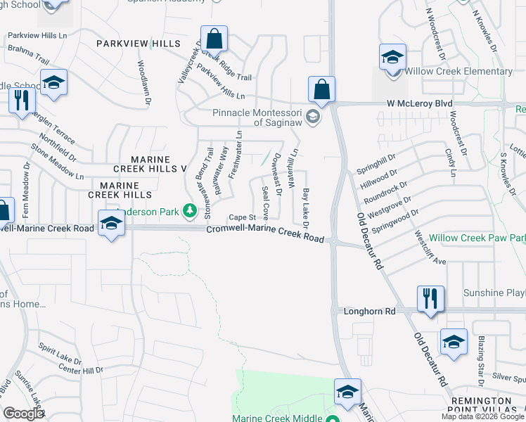 map of restaurants, bars, coffee shops, grocery stores, and more near 6317 Seal Cove in Fort Worth