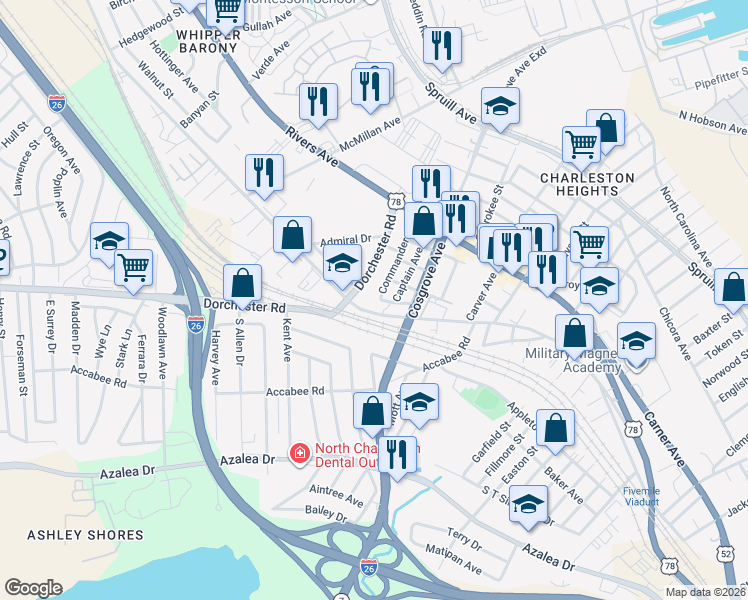 map of restaurants, bars, coffee shops, grocery stores, and more near 2140 Commander Road in North Charleston
