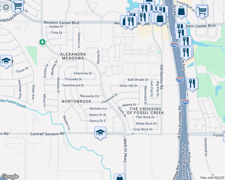 map of restaurants, bars, coffee shops, grocery stores, and more near 5962 Mountain Home Lane in Fort Worth