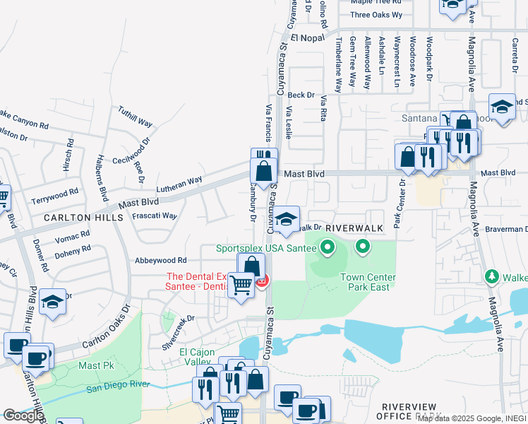 map of restaurants, bars, coffee shops, grocery stores, and more near 9600 Cuyamaca Street in Santee
