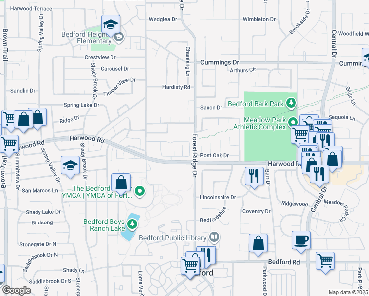 map of restaurants, bars, coffee shops, grocery stores, and more near 2908 Elaine Court in Bedford