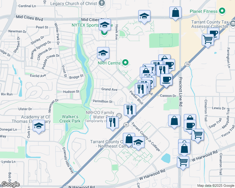 map of restaurants, bars, coffee shops, grocery stores, and more near 8930 Grand Avenue in Fort Worth