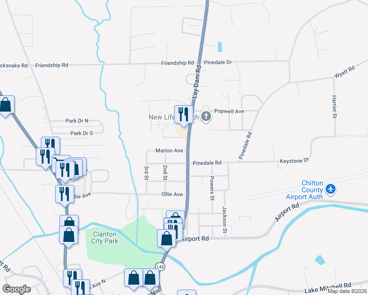 map of restaurants, bars, coffee shops, grocery stores, and more near 1001 Lay Dam Road in Clanton
