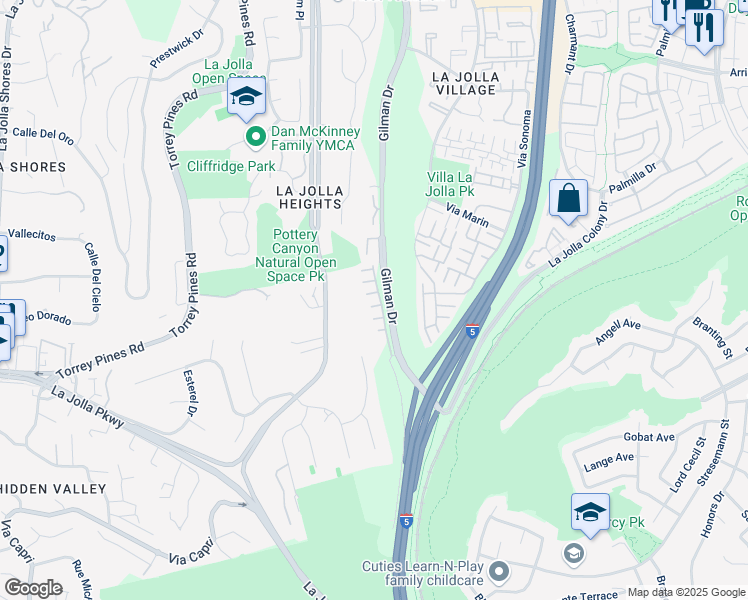 map of restaurants, bars, coffee shops, grocery stores, and more near 8080 Gilman Court in San Diego