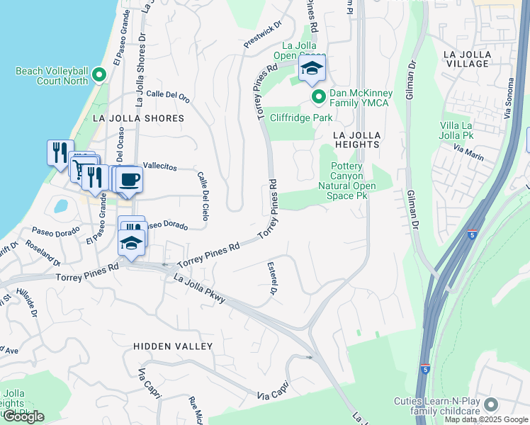 map of restaurants, bars, coffee shops, grocery stores, and more near 2830 Torrey Pines Road in San Diego