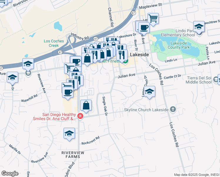 map of restaurants, bars, coffee shops, grocery stores, and more near 9620 Prospect Avenue in Lakeside