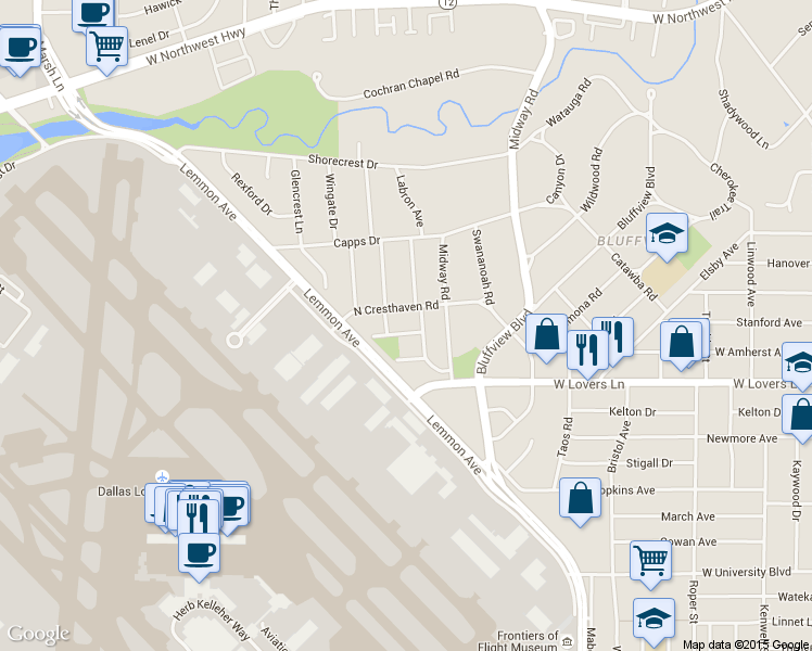 map of restaurants, bars, coffee shops, grocery stores, and more near 4021 Adrian Drive in Dallas