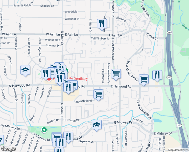 map of restaurants, bars, coffee shops, grocery stores, and more near 425 East Harwood Road in Euless