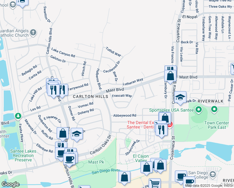 map of restaurants, bars, coffee shops, grocery stores, and more near 9546 Frascati Way in Santee