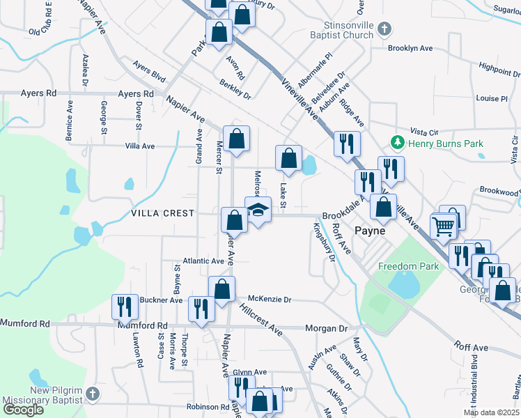 map of restaurants, bars, coffee shops, grocery stores, and more near 3813 Melrose Street in Macon