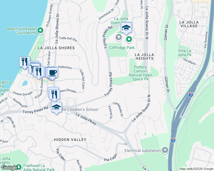 map of restaurants, bars, coffee shops, grocery stores, and more near 2834 Torrey Pines Road in San Diego