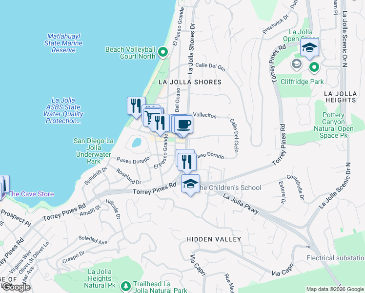 map of restaurants, bars, coffee shops, grocery stores, and more near 8031 La Jolla Shores Drive in San Diego
