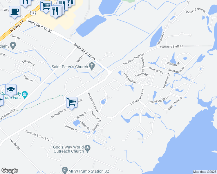 map of restaurants, bars, coffee shops, grocery stores, and more near 3424 Southern Cottage Way in Mount Pleasant