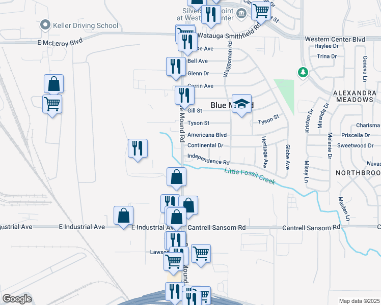 map of restaurants, bars, coffee shops, grocery stores, and more near 1609 Independence Road in Blue Mound