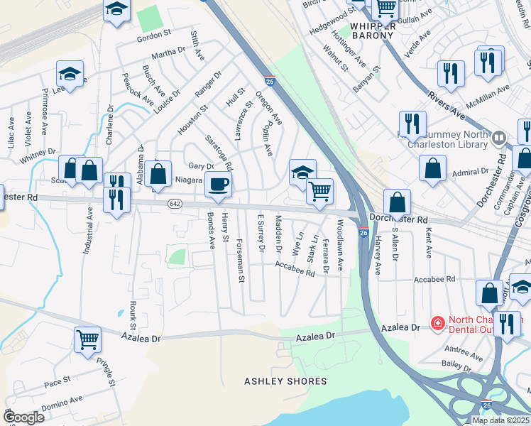 map of restaurants, bars, coffee shops, grocery stores, and more near 2705 East Surrey Drive in North Charleston