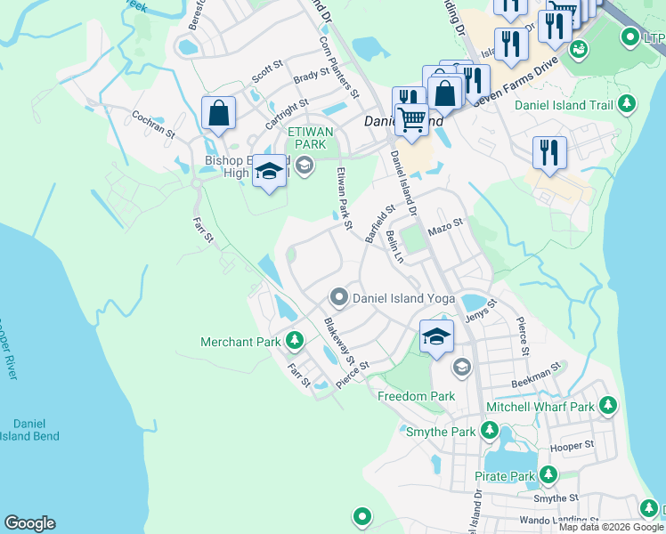 map of restaurants, bars, coffee shops, grocery stores, and more near 7039 Schooner Street in Charleston