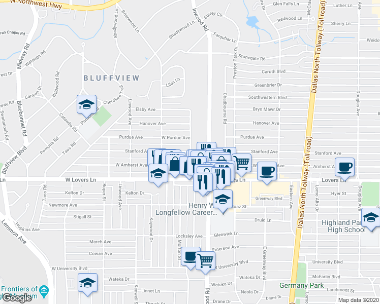 map of restaurants, bars, coffee shops, grocery stores, and more near 5198 Stanford Avenue in Dallas