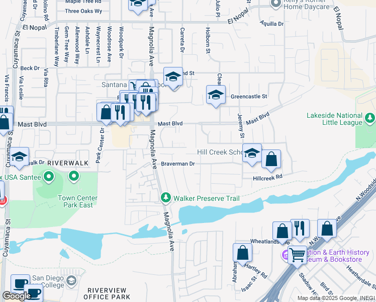 map of restaurants, bars, coffee shops, grocery stores, and more near 9697 Bundy Drive in Santee
