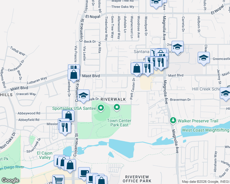 map of restaurants, bars, coffee shops, grocery stores, and more near 10154 Canopy Park Lane in Santee