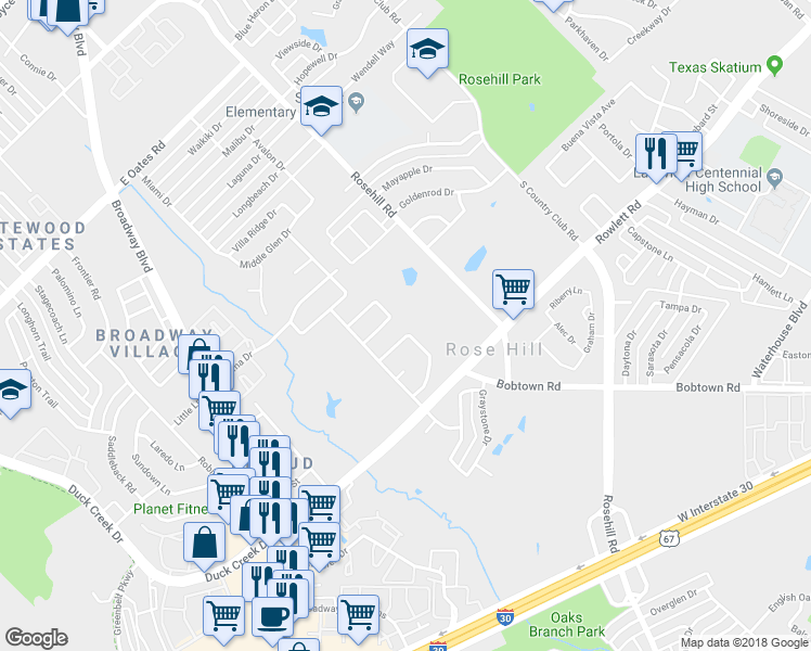 map of restaurants, bars, coffee shops, grocery stores, and more near 934 Meadowdale Circle in Garland