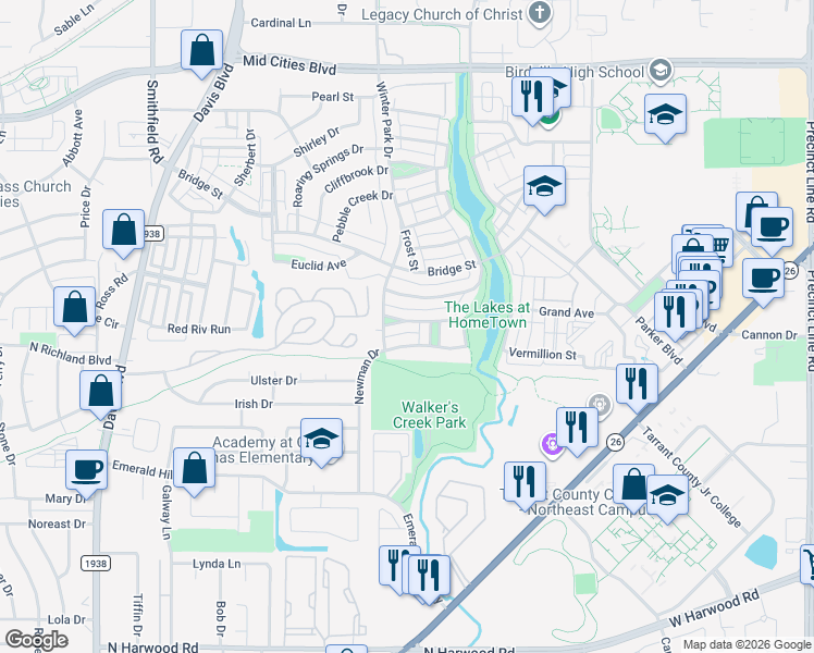 map of restaurants, bars, coffee shops, grocery stores, and more near 5809 Arbor Road in North Richland Hills
