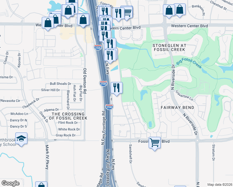 map of restaurants, bars, coffee shops, grocery stores, and more near 5845 Sandshell Drive in Fort Worth