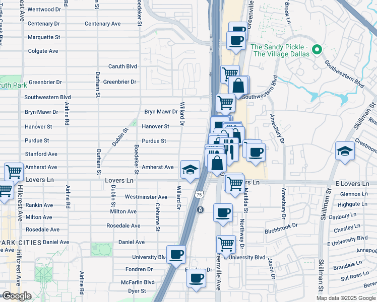 map of restaurants, bars, coffee shops, grocery stores, and more near 7817 Stanford Avenue in Dallas