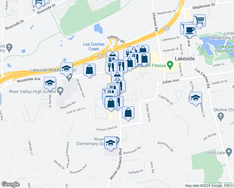 map of restaurants, bars, coffee shops, grocery stores, and more near 9652 Winter Gardens Boulevard in Lakeside