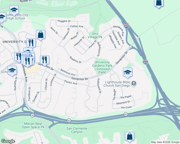 map of restaurants, bars, coffee shops, grocery stores, and more near 6449 Panel Court in San Diego